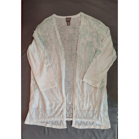 Women's Chico's Linen Blend Open Front Cardigan Sweater Cream Green Small Size 4 - Picture 1 of 7